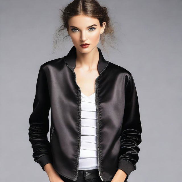 Create an image of a dark satin jacket with lapels