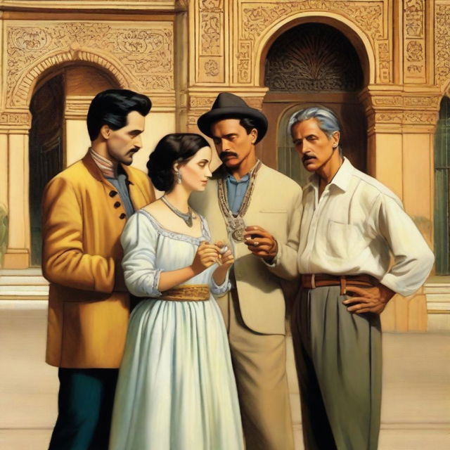 A scene titled 'Kalung Kuno dari Seville' featuring three people, two men and one woman