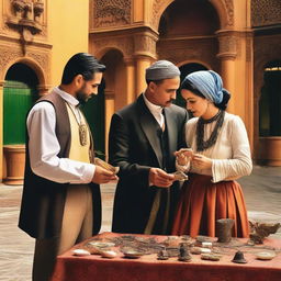 A scene titled 'Kalung Kuno dari Seville' featuring three people, two men and one woman