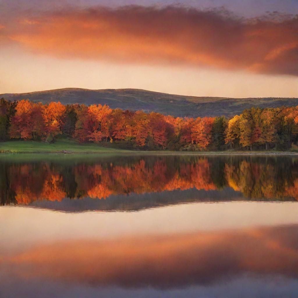 A stunning landscape at golden hour, featuring rolling hills, a tranquil lake reflecting the fiery hues of the sunset, and a stand of majestic trees silhouetted against the glowing sky.