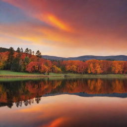 A stunning landscape at golden hour, featuring rolling hills, a tranquil lake reflecting the fiery hues of the sunset, and a stand of majestic trees silhouetted against the glowing sky.