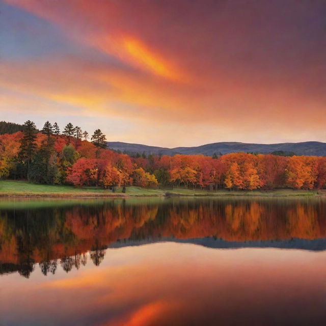 A stunning landscape at golden hour, featuring rolling hills, a tranquil lake reflecting the fiery hues of the sunset, and a stand of majestic trees silhouetted against the glowing sky.