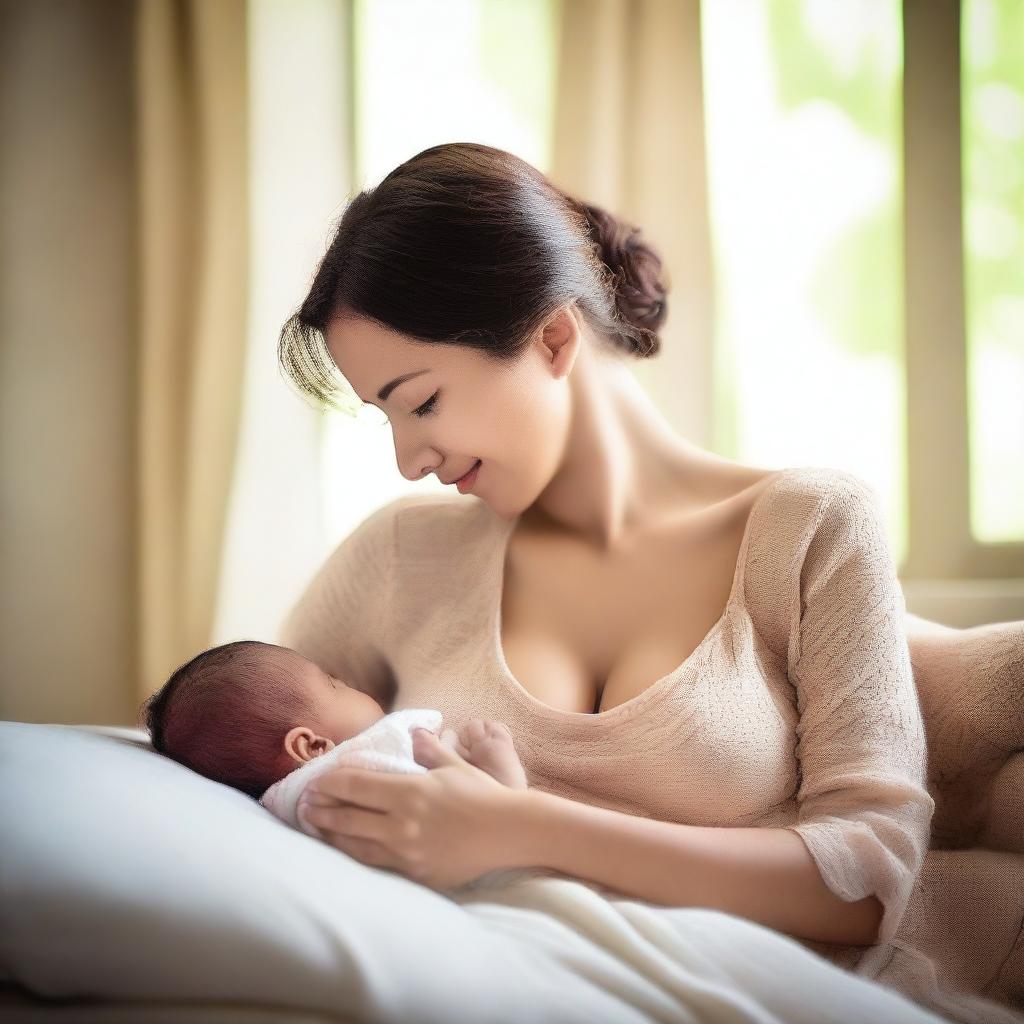 A mother lovingly breastfeeding her baby in a serene and peaceful environment