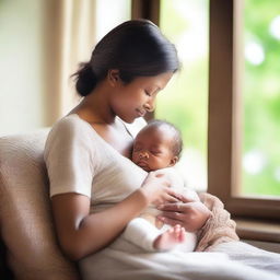 A mother lovingly breastfeeding her baby in a serene and peaceful environment