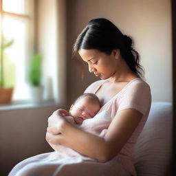 A mother lovingly breastfeeding her baby in a serene and peaceful environment