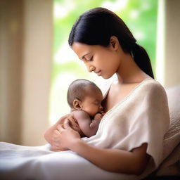 A mother lovingly breastfeeding her baby in a serene and peaceful environment