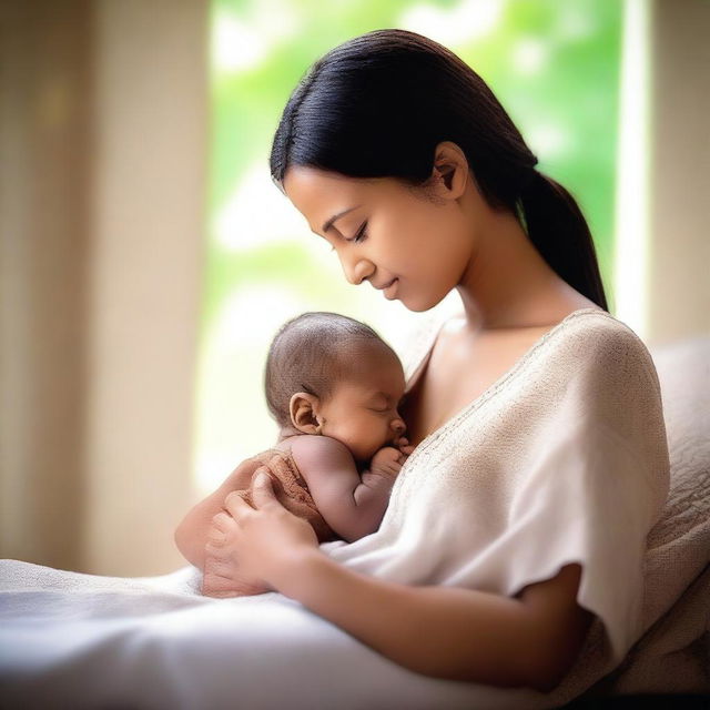 A mother lovingly breastfeeding her baby in a serene and peaceful environment