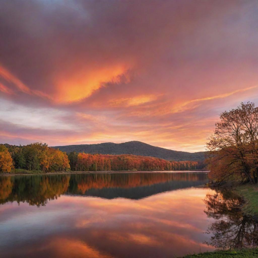 A stunning landscape at golden hour, featuring rolling hills, a tranquil lake reflecting the fiery hues of the sunset, and a stand of majestic trees silhouetted against the glowing sky.