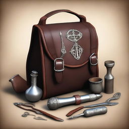 Create an image of magical blacksmithing tools wrapped around a leather bag