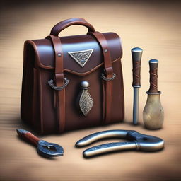 Create an image of magical blacksmithing tools wrapped around a leather bag