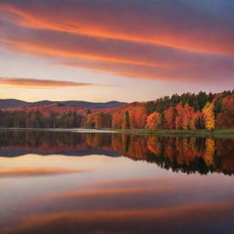 A stunning landscape at golden hour, featuring rolling hills, a tranquil lake reflecting the fiery hues of the sunset, and a stand of majestic trees silhouetted against the glowing sky.