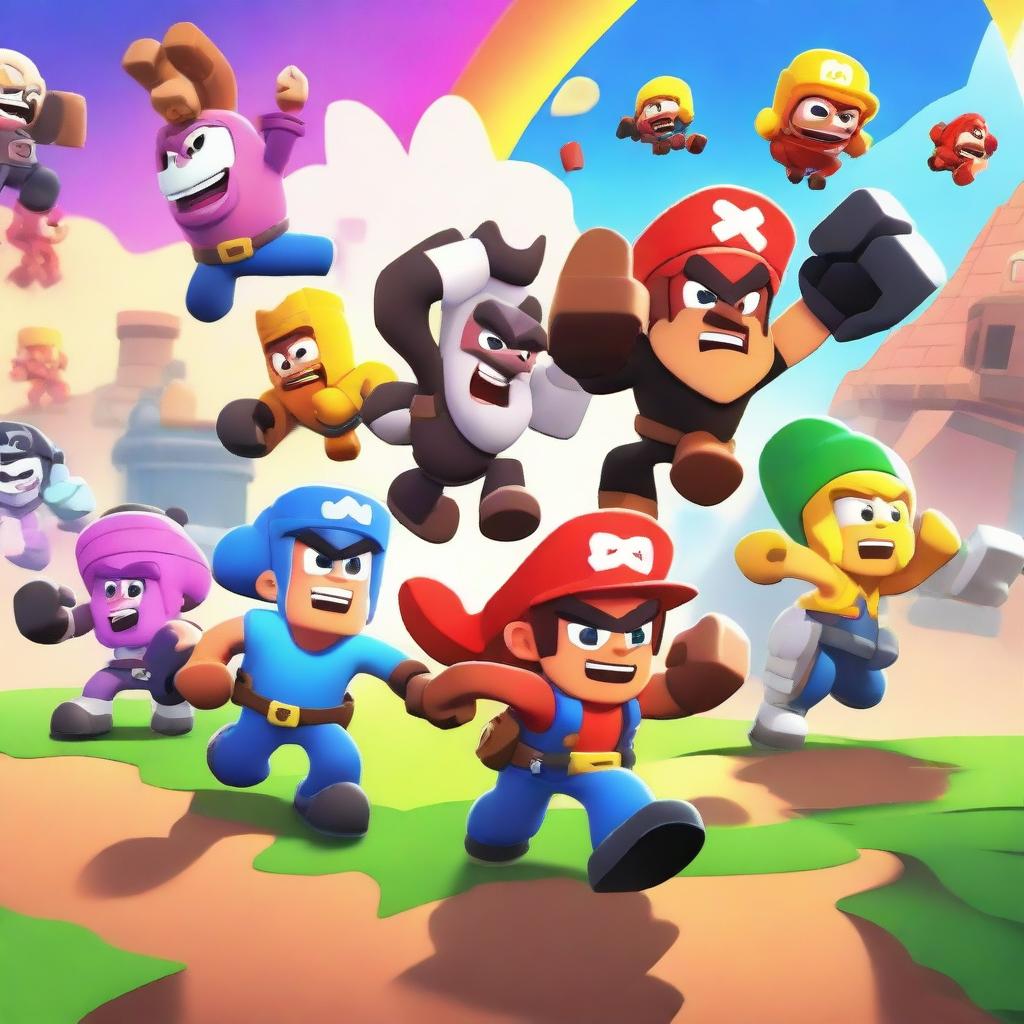 A dynamic and colorful scene featuring characters from the game Brawl Stars in an epic battle