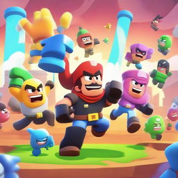 A dynamic and colorful scene featuring characters from the game Brawl Stars in an epic battle