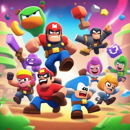 A dynamic and colorful scene featuring characters from the game Brawl Stars in an epic battle