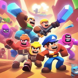 A dynamic and colorful scene featuring characters from the game Brawl Stars in an epic battle