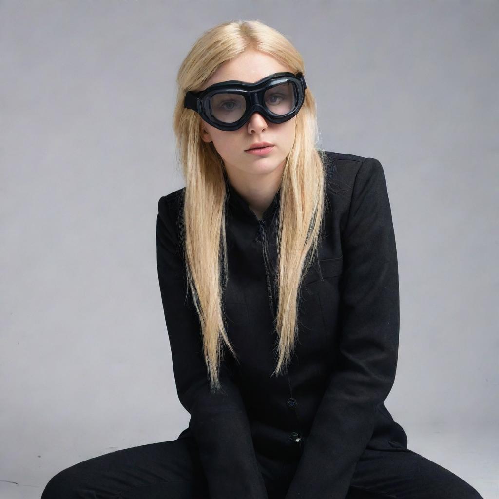 A girl with blonde hair, elf ears, wearing a black jacket and black pants. She has goggles resting on her head, but her face is mysteriously absent, creating a headless effect.