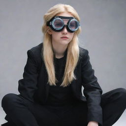 A girl with blonde hair, elf ears, wearing a black jacket and black pants. She has goggles resting on her head, but her face is mysteriously absent, creating a headless effect.