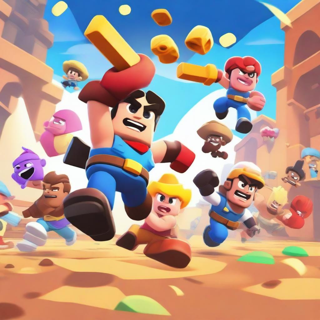 A dynamic and intense battle scene featuring characters from the game Brawl Stars