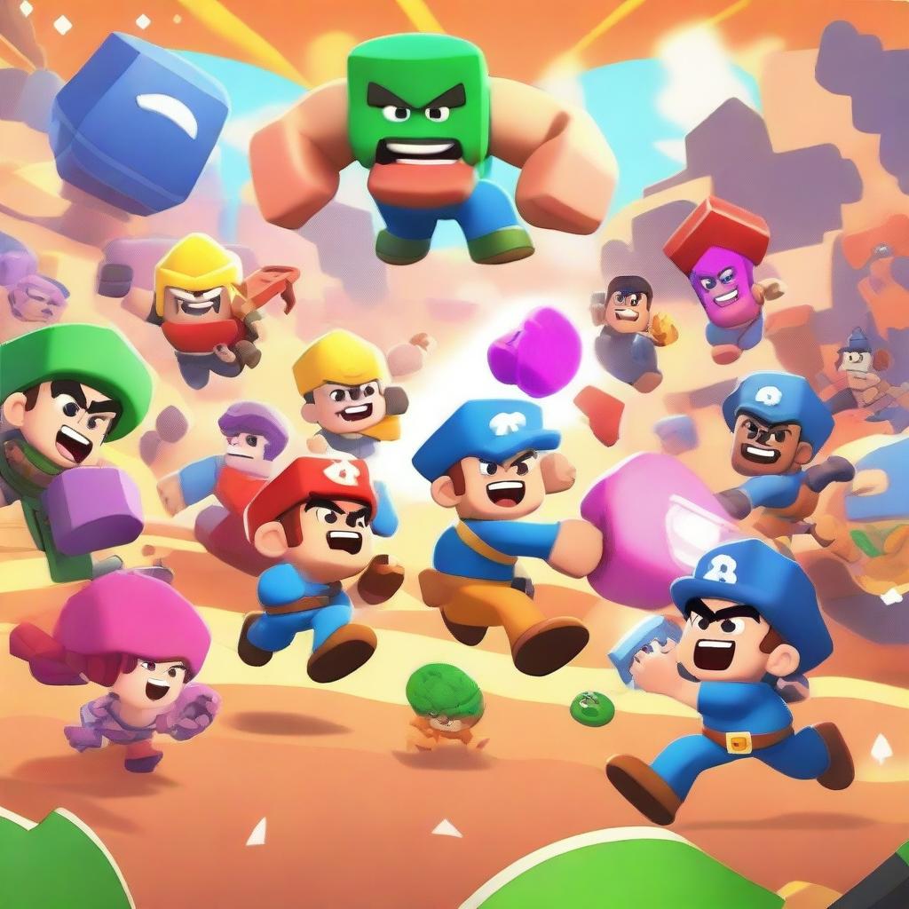 A dynamic and intense battle scene featuring characters from the game Brawl Stars