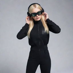 A girl with blonde hair, elf ears, wearing a black jacket and black pants. She has goggles resting on her head, but her face is mysteriously absent, creating a headless effect.