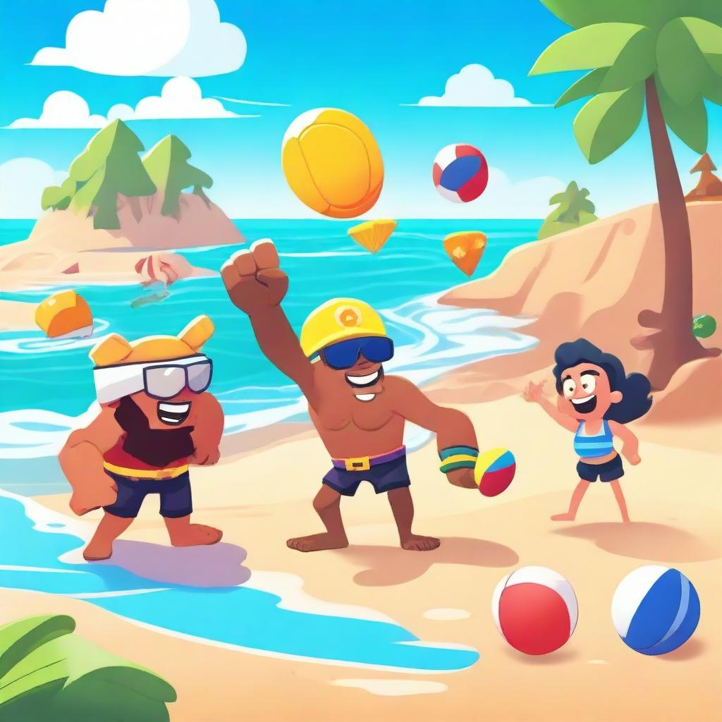 A vibrant scene featuring characters from Brawl Stars enjoying a day at the beach