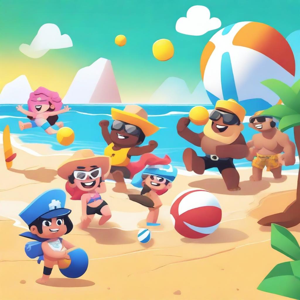 A vibrant scene featuring characters from Brawl Stars enjoying a day at the beach