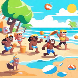 A vibrant scene featuring characters from Brawl Stars enjoying a day at the beach