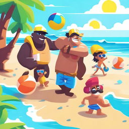 A vibrant scene featuring characters from Brawl Stars enjoying a day at the beach