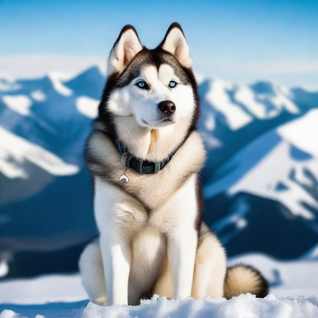 A majestic husky dog standing proudly on a snowy mountain peak, surrounded by a breathtaking landscape of snow-covered mountains and a clear blue sky