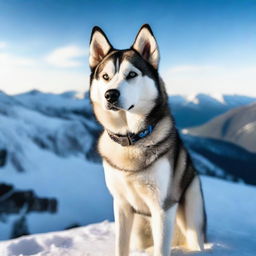 A majestic husky dog standing proudly on a snowy mountain peak, surrounded by a breathtaking landscape of snow-covered mountains and a clear blue sky