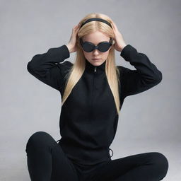 A girl with blonde hair, elf ears, wearing a black jacket and black pants. She has goggles resting on her head, but her face is mysteriously absent, creating a headless effect.