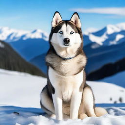 A majestic husky dog standing proudly on a snowy mountain peak, surrounded by a breathtaking landscape of snow-covered mountains and a clear blue sky