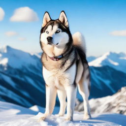 A majestic husky dog standing proudly on a snowy mountain peak, surrounded by a breathtaking landscape of snow-covered mountains and a clear blue sky