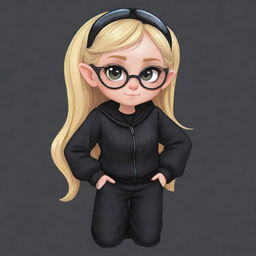 A cute cartoon style drawing of a girl with blonde hair, elf ears, wearing a black jacket and black pants. She has goggles resting on her hair, yet her head is artistically represented as headless.