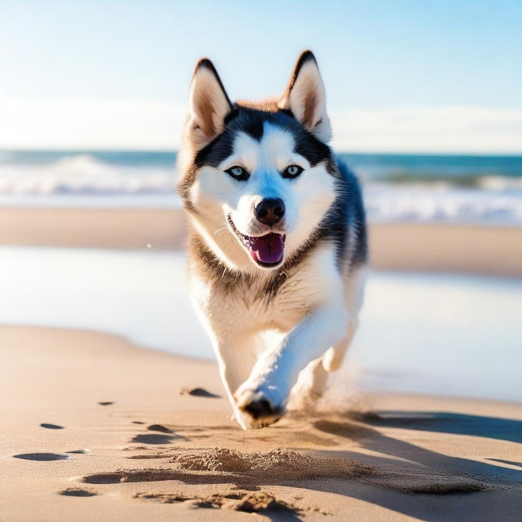 A Siberian Husky dog playing on a sunny beach