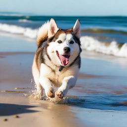 A Siberian Husky dog playing on a sunny beach