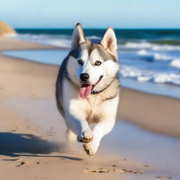 A Siberian Husky dog playing on a sunny beach