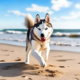 A Siberian Husky dog playing on a sunny beach