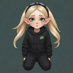 A cute cartoon style drawing of a girl with blonde hair, elf ears, wearing a black jacket and black pants. She has goggles resting on her hair, yet her head is artistically represented as headless.