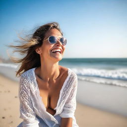 Una mujer exuberante disfrutando de un día soleado en la playa, con el mar y las olas de fondo