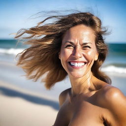 Una mujer exuberante disfrutando de un día soleado en la playa, con el mar y las olas de fondo