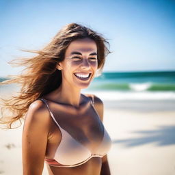 Una mujer exuberante disfrutando de un día soleado en la playa, con el mar y las olas de fondo