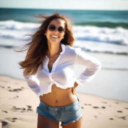 Una mujer exuberante disfrutando de un día soleado en la playa, con el mar y las olas de fondo