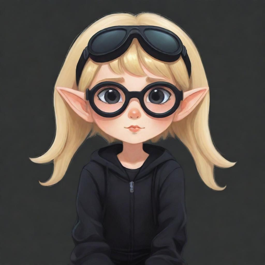 A cute cartoon style drawing of a girl with blonde hair, elf ears, wearing a black jacket and black pants. She has goggles resting on her hair, yet her head is artistically represented as headless.