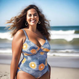 A voluptuous woman enjoying a sunny day at the beach, with waves crashing in the background and the sun shining brightly