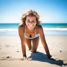 A woman on all fours on the beach, with an exuberant and lively expression, surrounded by the beauty of the ocean and sandy shore