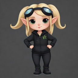 A cute cartoon style drawing of a girl with blonde hair, elf ears, wearing a black jacket and black pants. She has goggles resting on her hair, yet her head is artistically represented as headless.