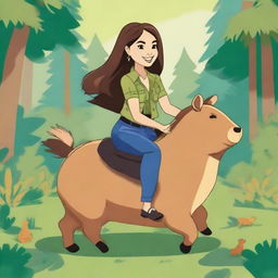 A whimsical illustration of Demi Lovato from Camp Rock riding a capybara