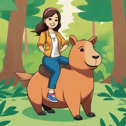 A whimsical illustration of Demi Lovato from Camp Rock riding a capybara