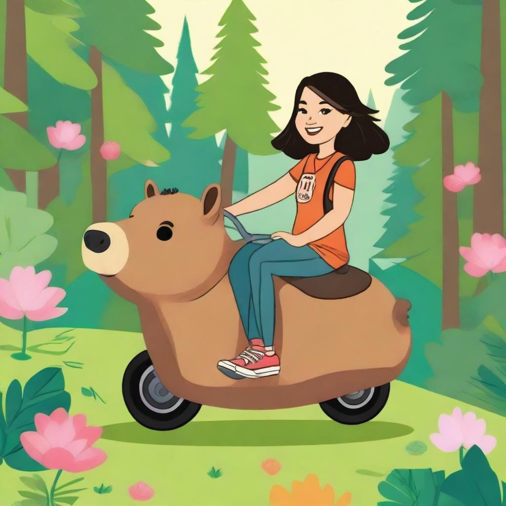 A whimsical illustration of Demi Lovato from Camp Rock riding a capybara